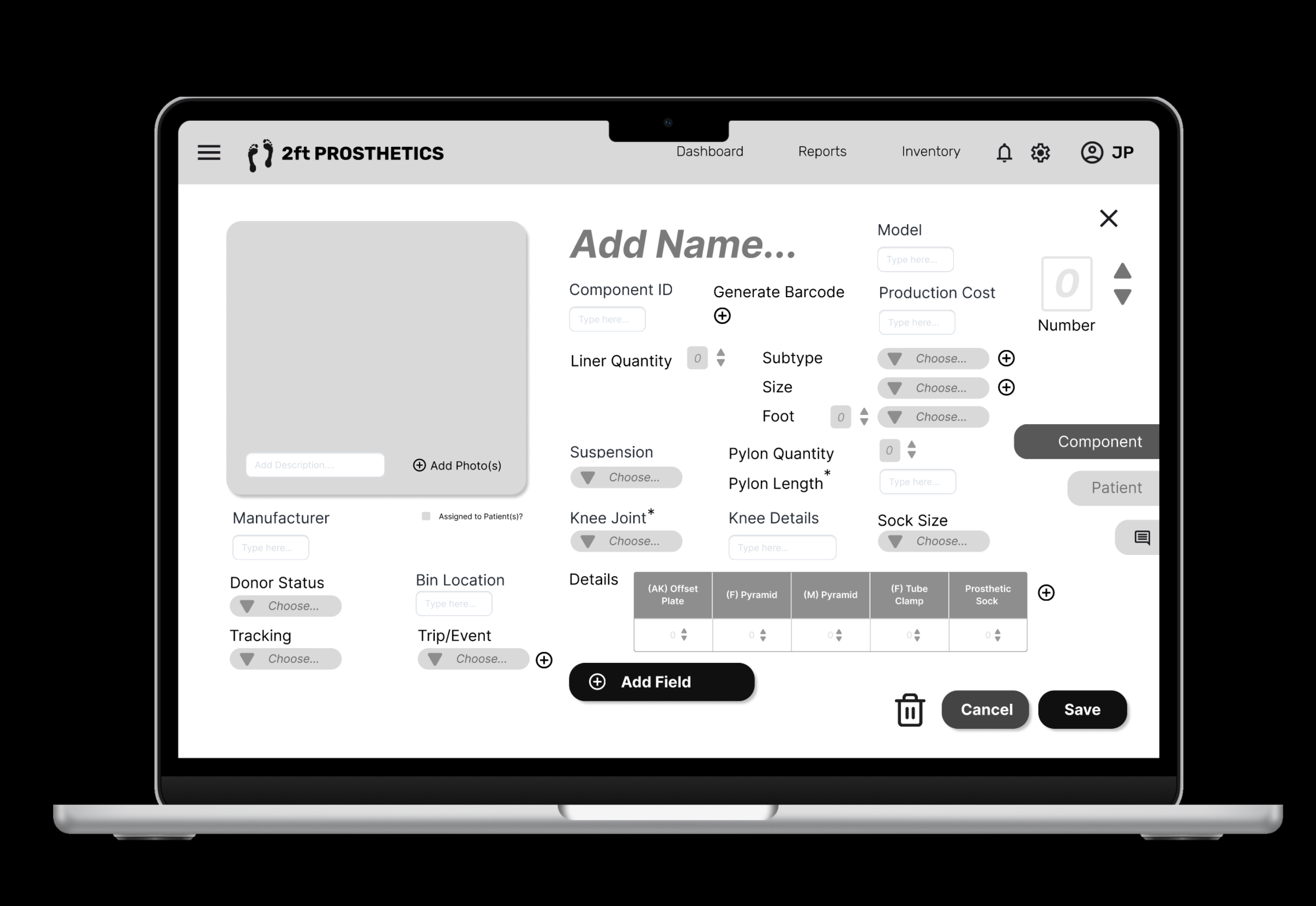 Placeholder: Lo-fi add component flow (B&W)